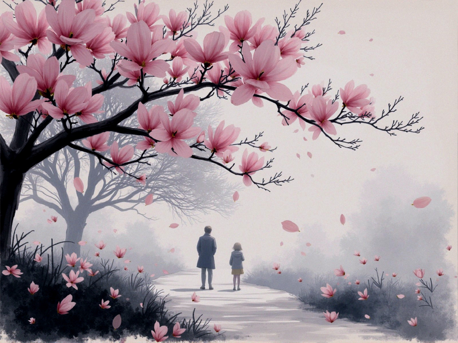 Serene Landscape with Pathway and Magnolia Flowers