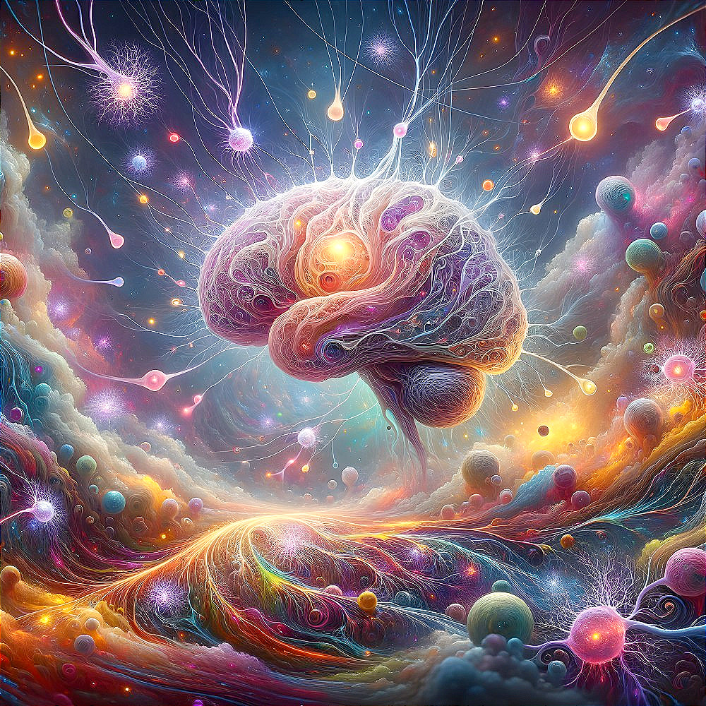 Surreal Brain Surrounded by Cosmic Elements and Colors