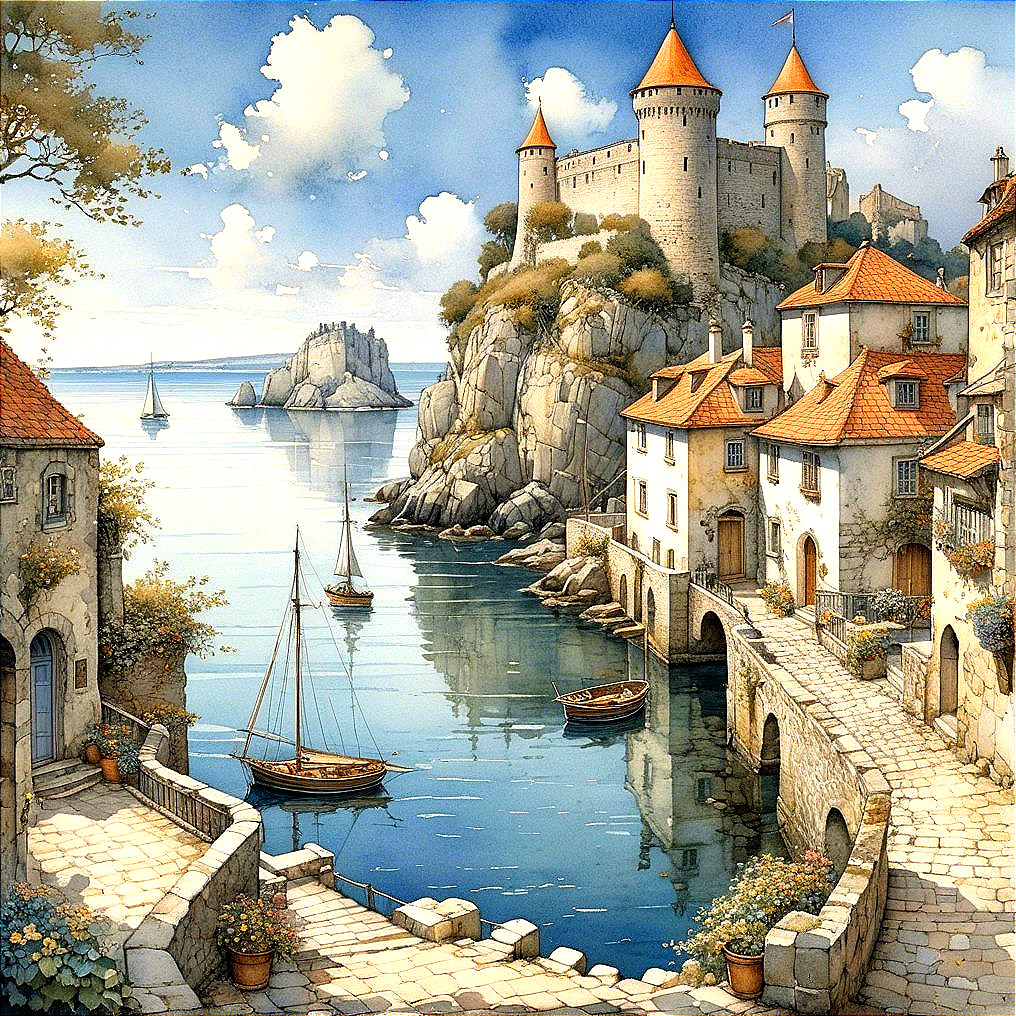 Waterfront Village with Castle and Sailboats Overview