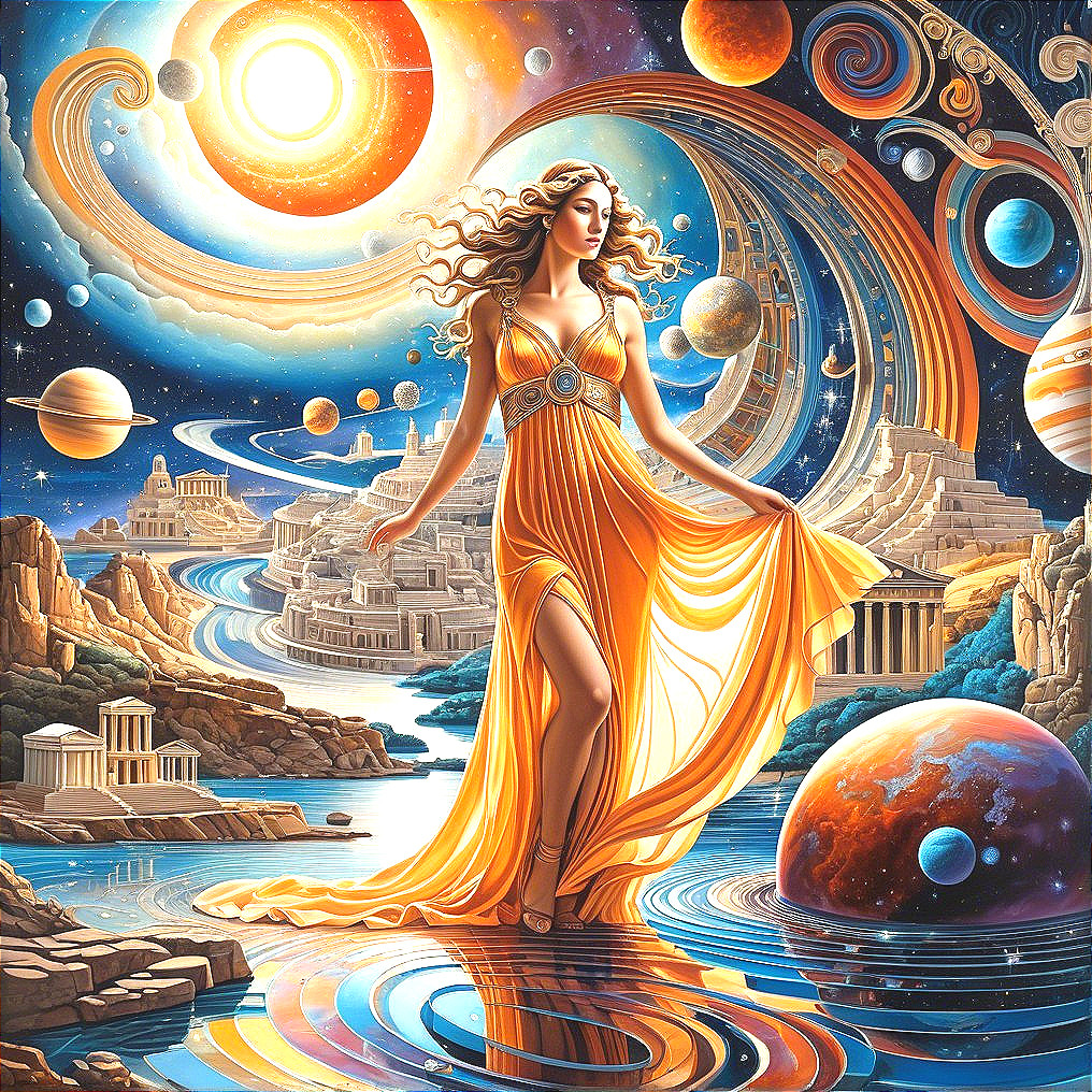 Celestial Scene with Ethereal Woman and Cosmic Elements