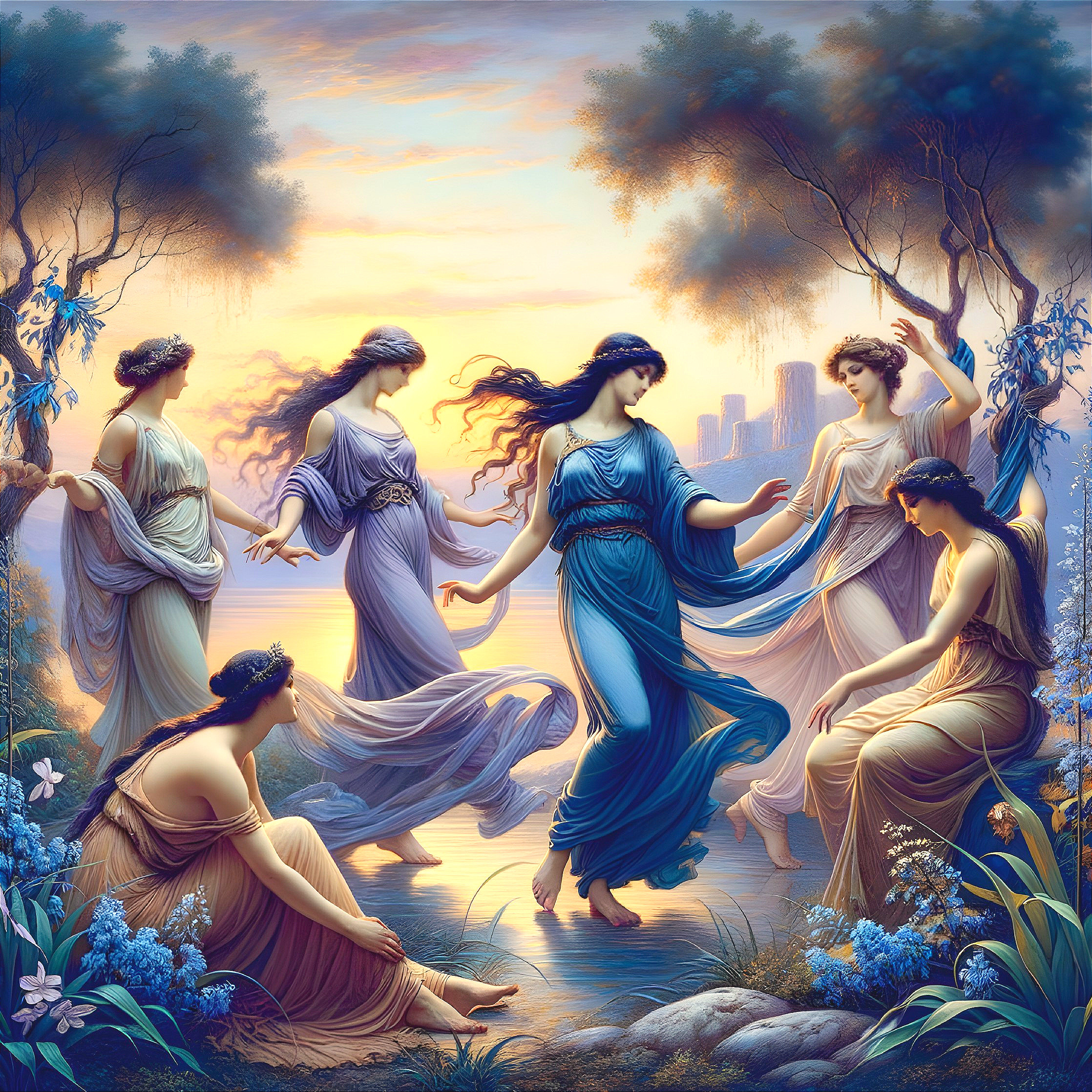Women in Flowing Gowns Dancing by a Tranquil Lake