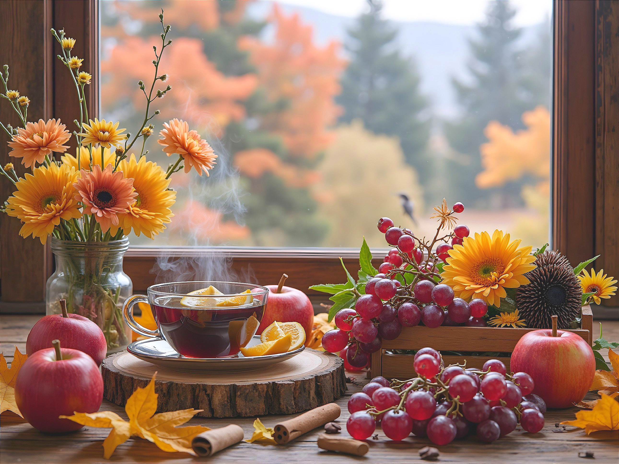 Cozy Autumn Scene with Spiced Tea and Fall Foliage