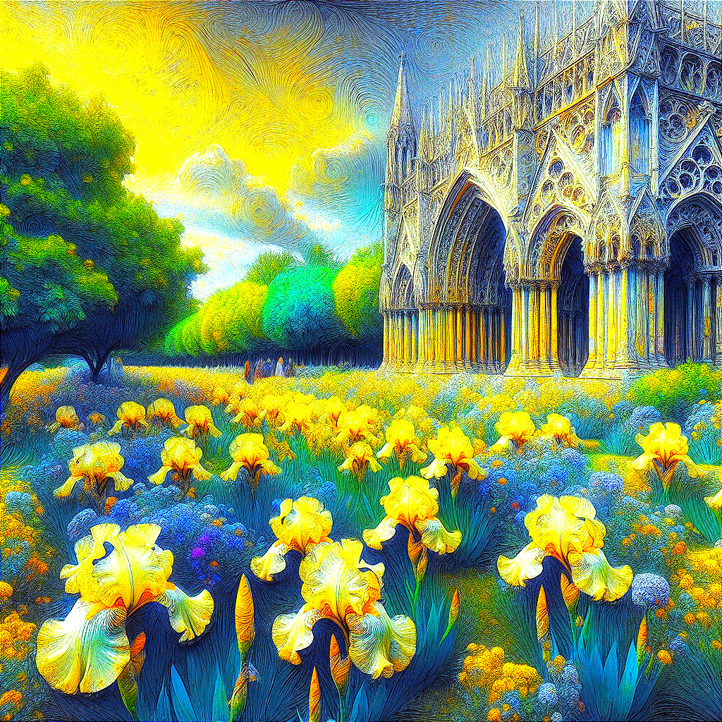 Gothic Cathedral Surrounded by Blooming Yellow Irises