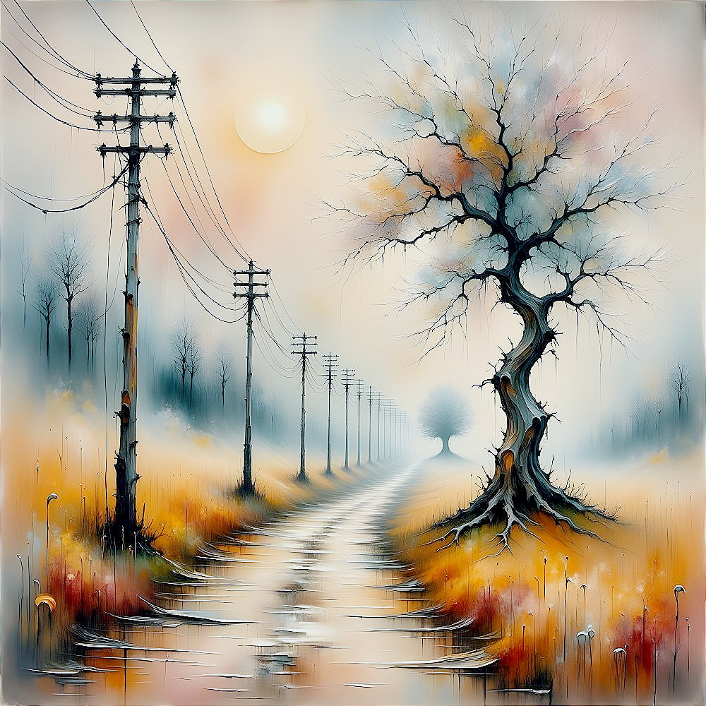 Misty Landscape with Winding Road and Gnarled Tree