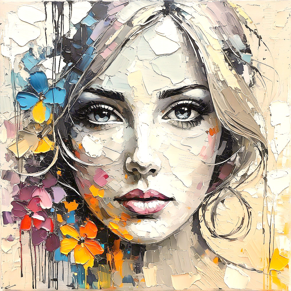 Portrait of a woman with vibrant colors and flowers