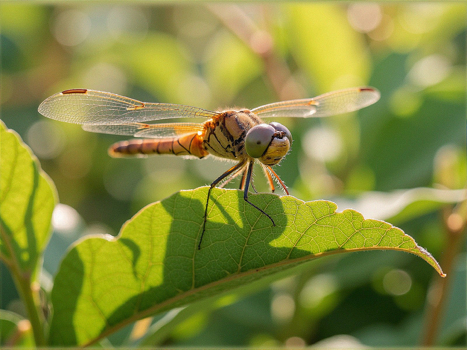 Dragonfly Close-Up on Green Leaf with Sunlit Details