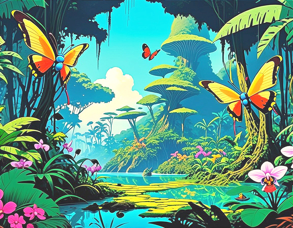 Lush Jungle Scene with Tropical Plants and Butterflies