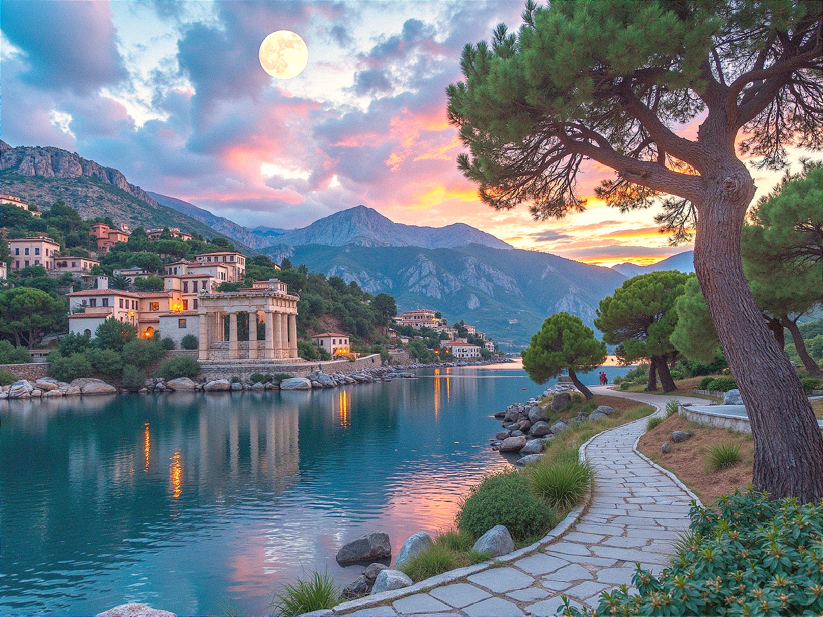 Serene Lakeside Sunset with Reflections and Architecture