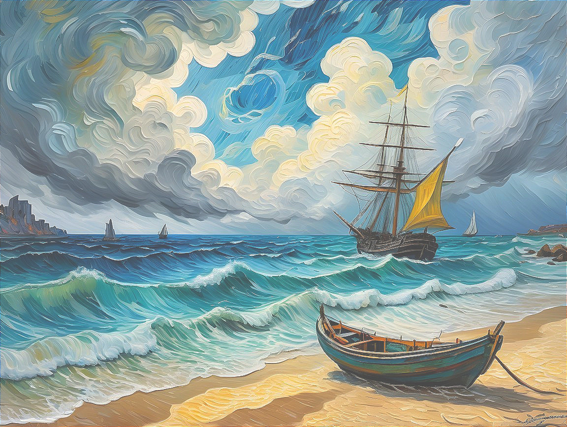 Vibrant Seascape with Dramatic Sky and Boats