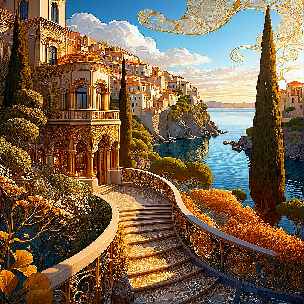 Serene Coastal Landscape with Ornate Golden Structure