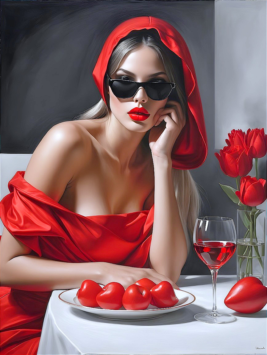 Portrait of a Woman in Red Dress with Elegant Accents