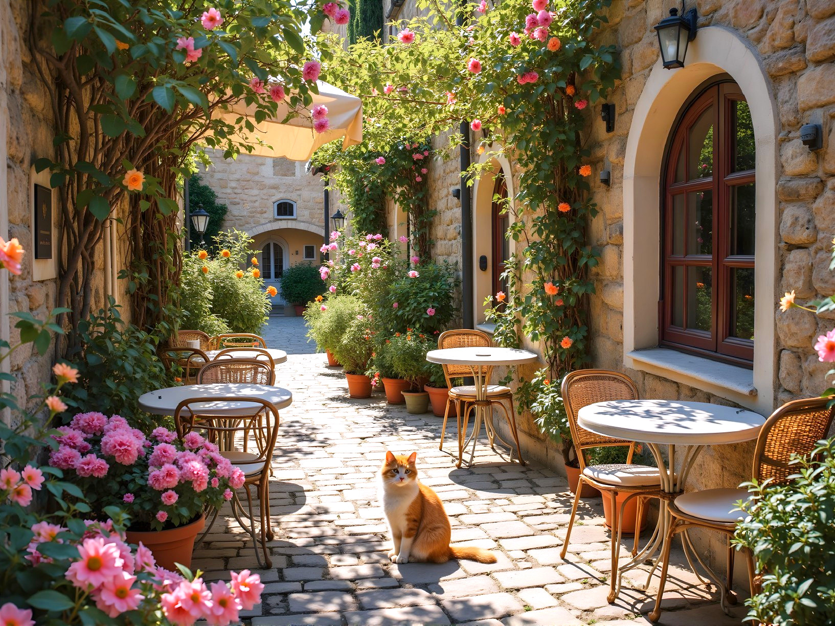 Charming Cobblestone Alley with Vibrant Flowers and Cat