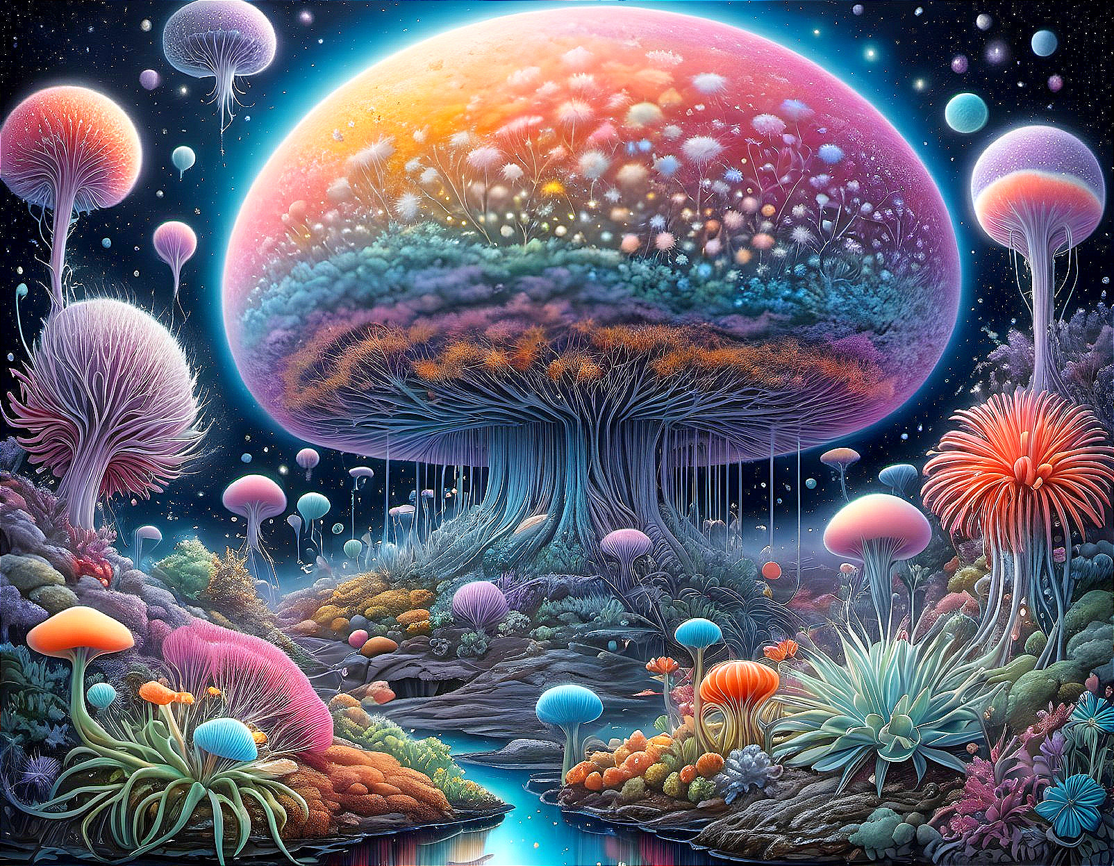 Colorful alien landscape with giant luminous tree and jellyfish creatures