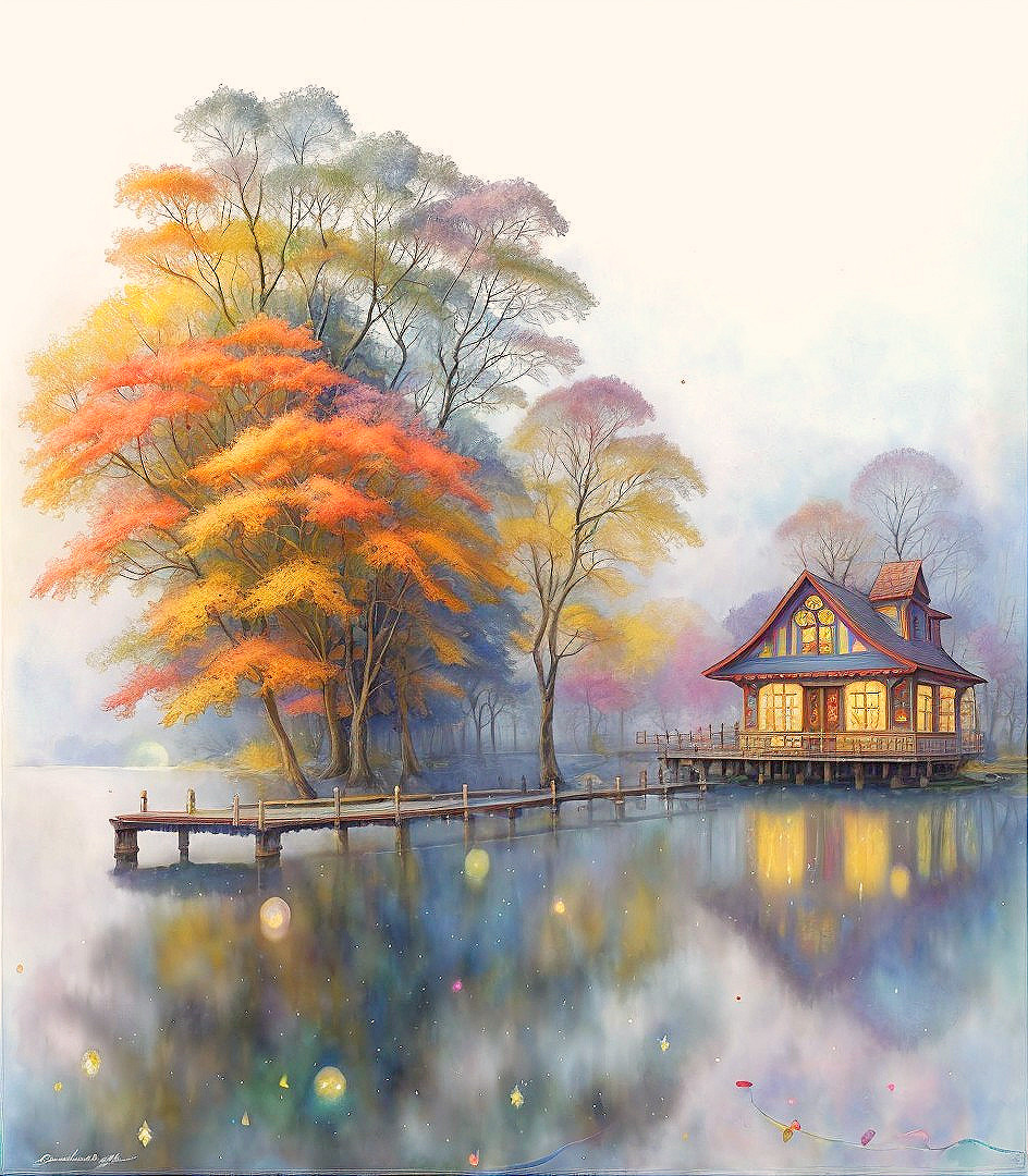 Charming Cottage by Serene Autumn Lake Scene