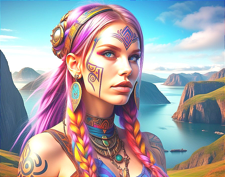 Female Figure with Purple Hair in Mountain Landscape
