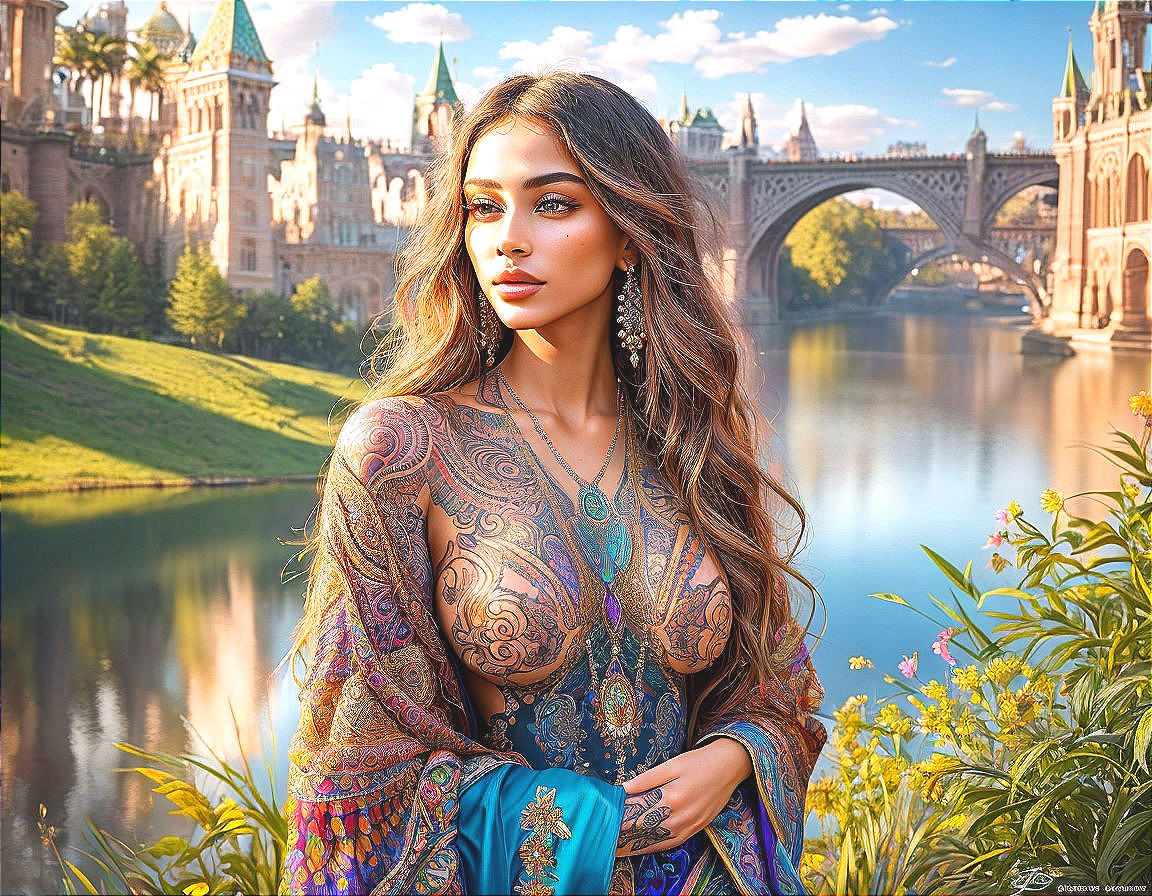 Elegant Woman by Serene River with Castles and Bridge