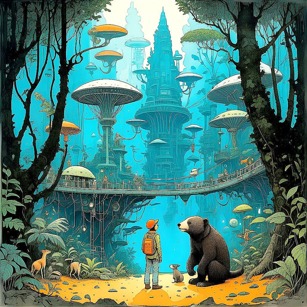 Young Explorer in Whimsical Forest with Futuristic City