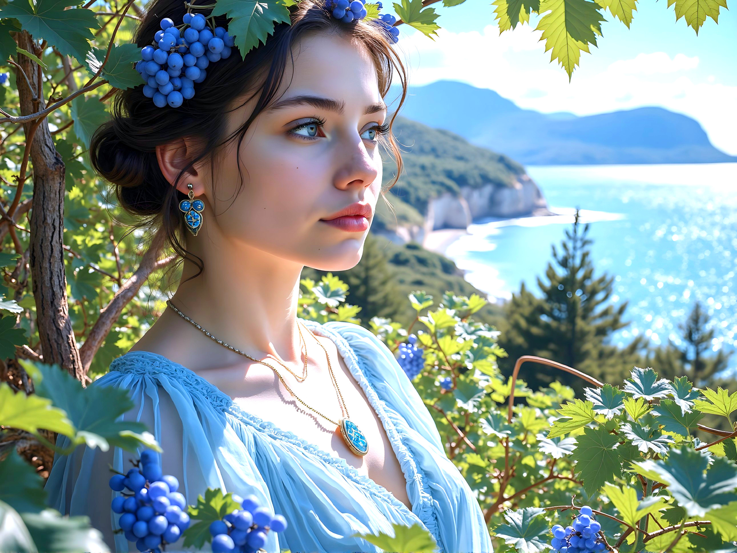 Serene Young Woman in Floral Accents and Coastal Scene