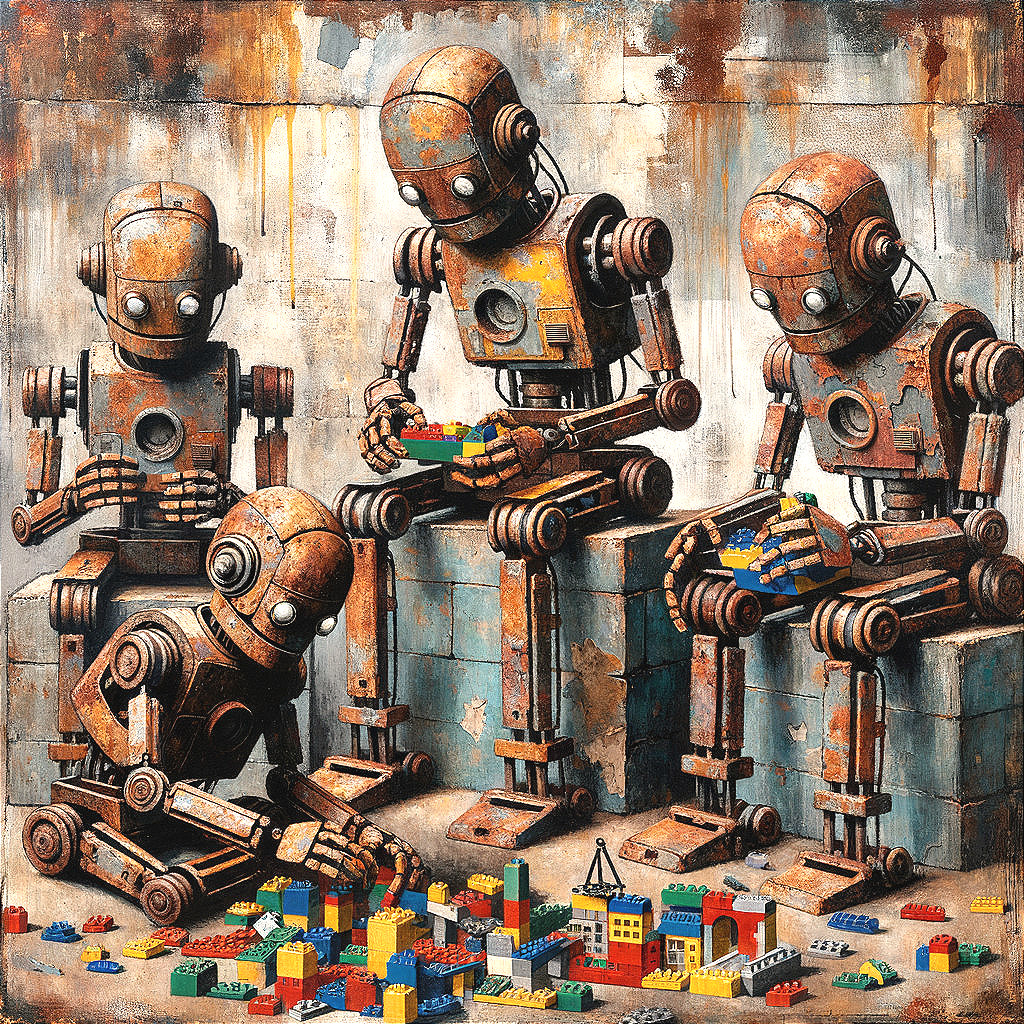 Vintage Robots Building with Colorful LEGO Bricks