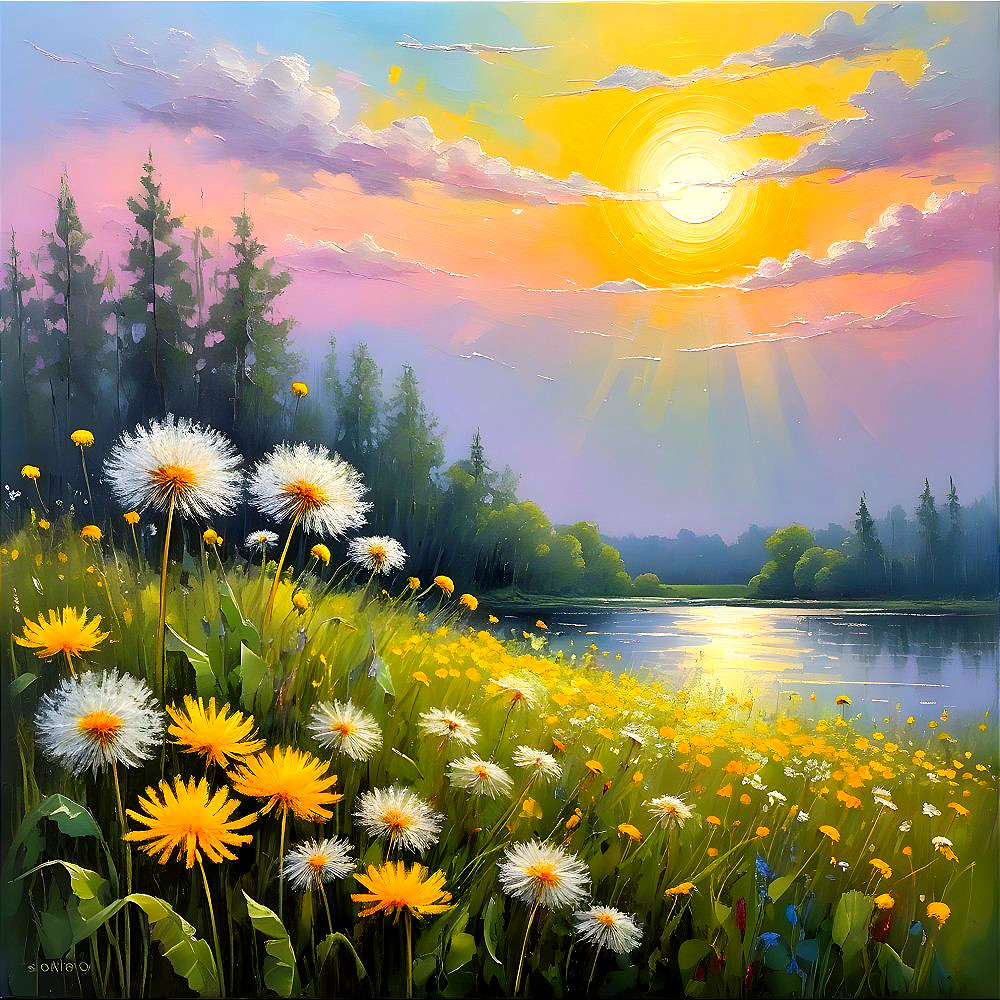 Vibrant Meadow with Dandelions and Tranquil River