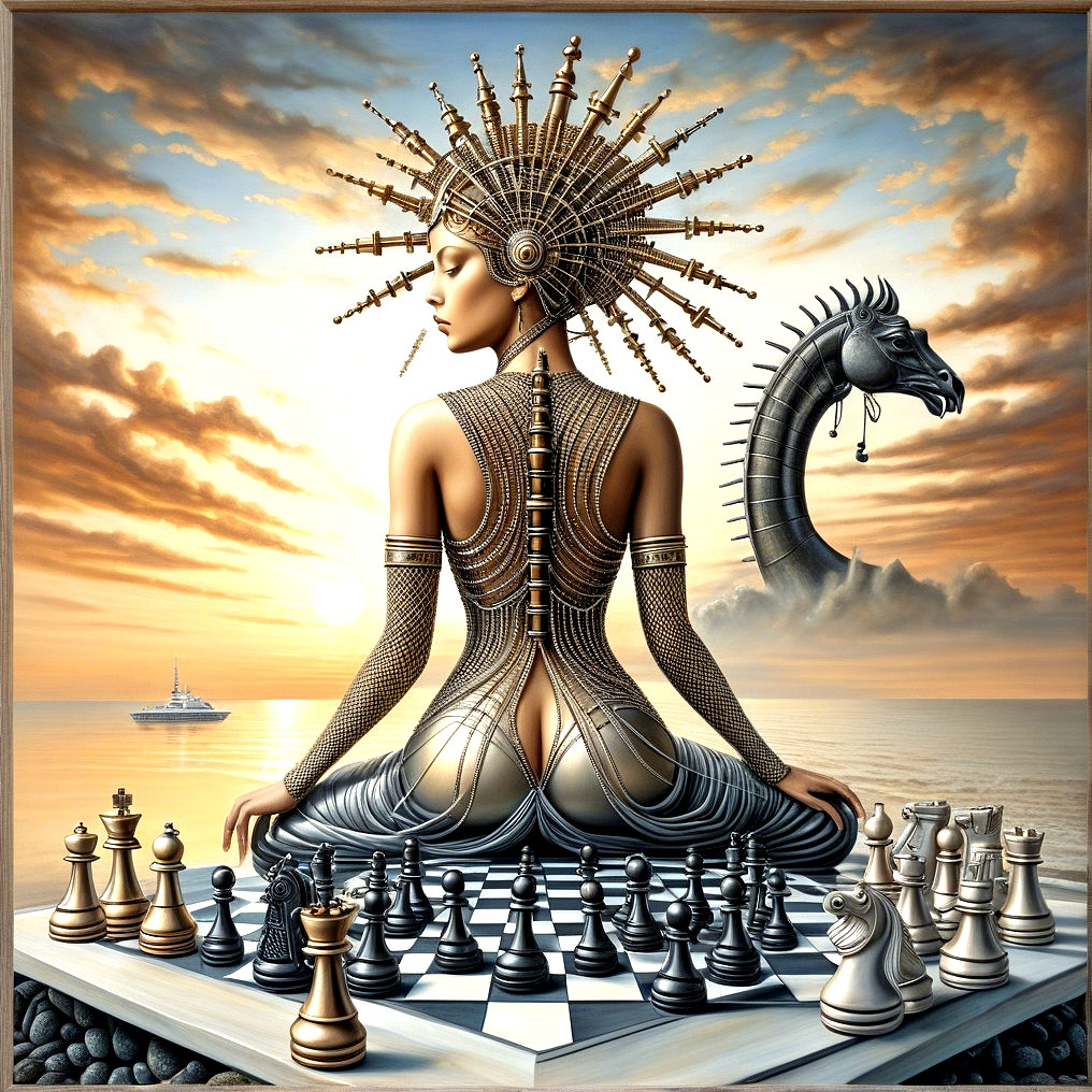 Surreal Scene of Woman with Chessboard and Dragon Piece