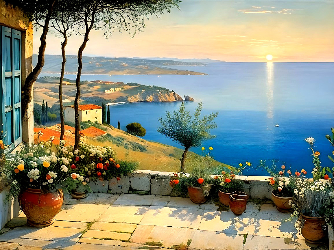 Serene Balcony with Coastal Landscape at Sunset