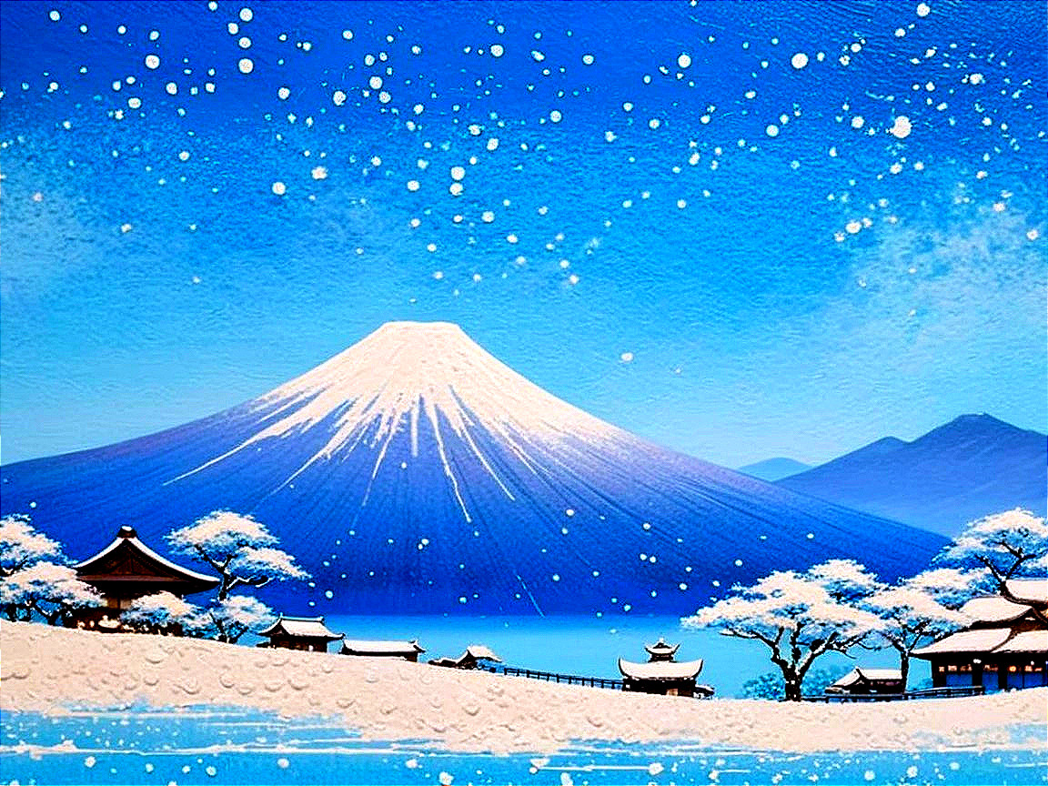 Winter Landscape with Mount Fuji and Snowflakes