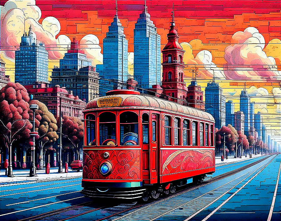 Vibrant Illustration of Red Tram in Bustling Cityscape