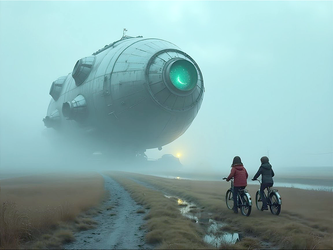 Children Biking in Foggy Landscape with Spacecraft