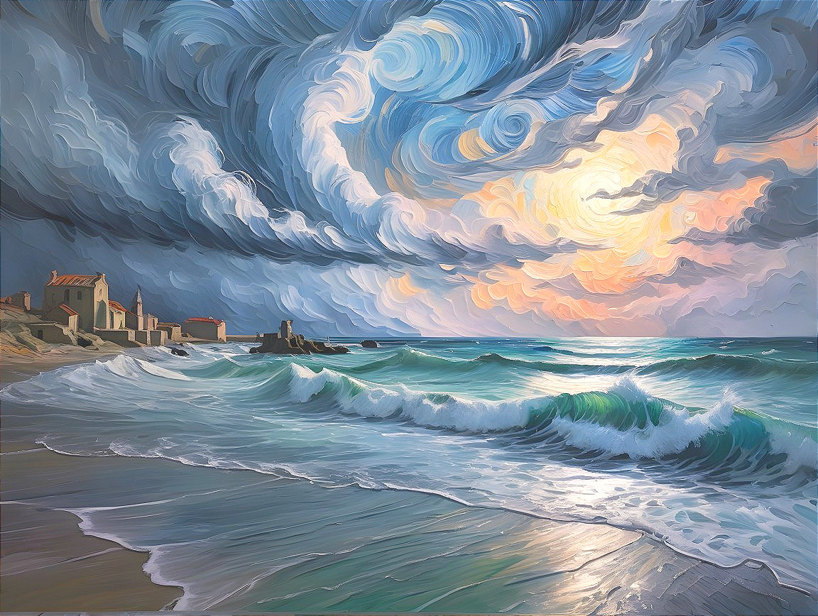 Dramatic Seascape with Clouds and Village at Shore