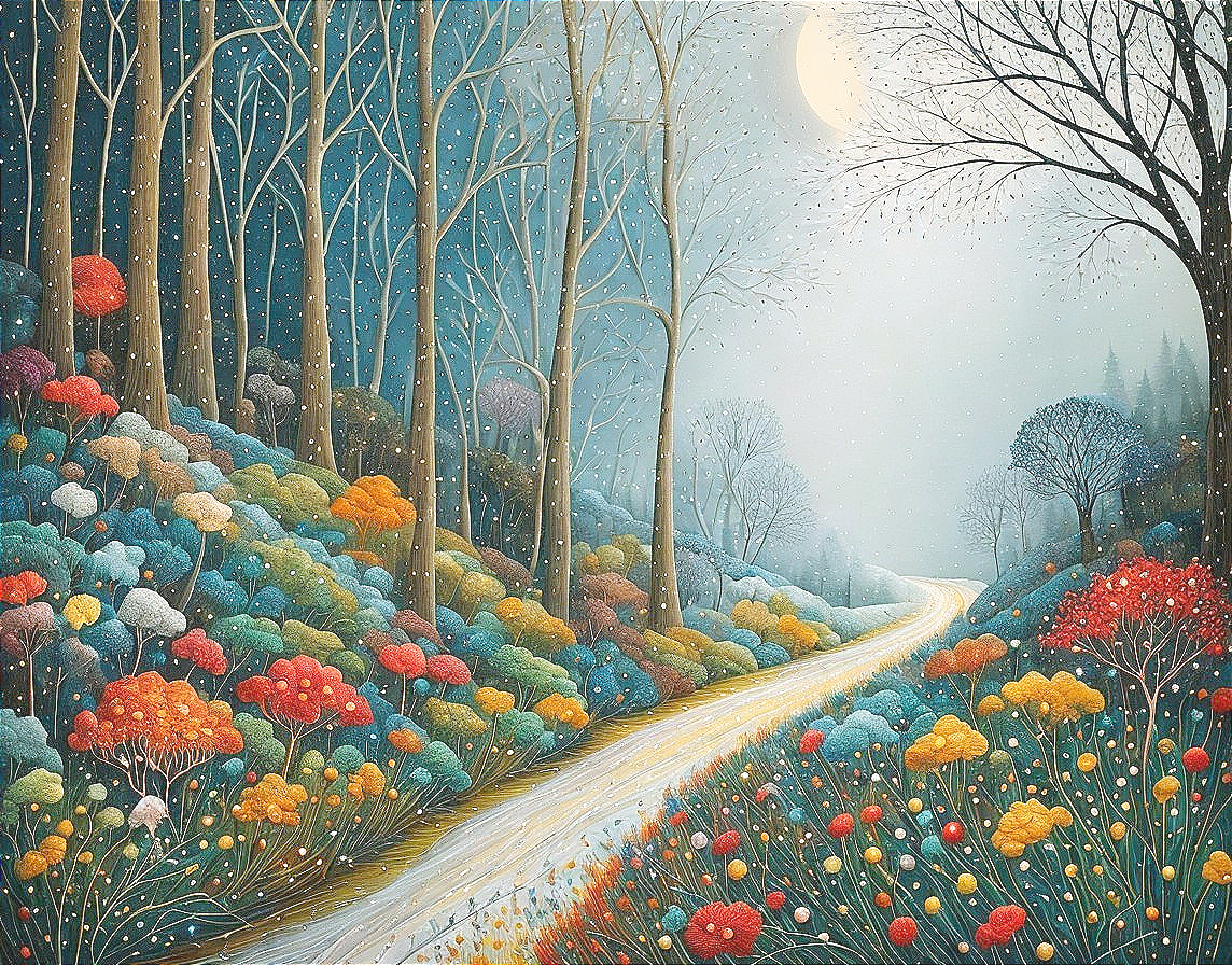 Serene landscape with winding path and vibrant flowers