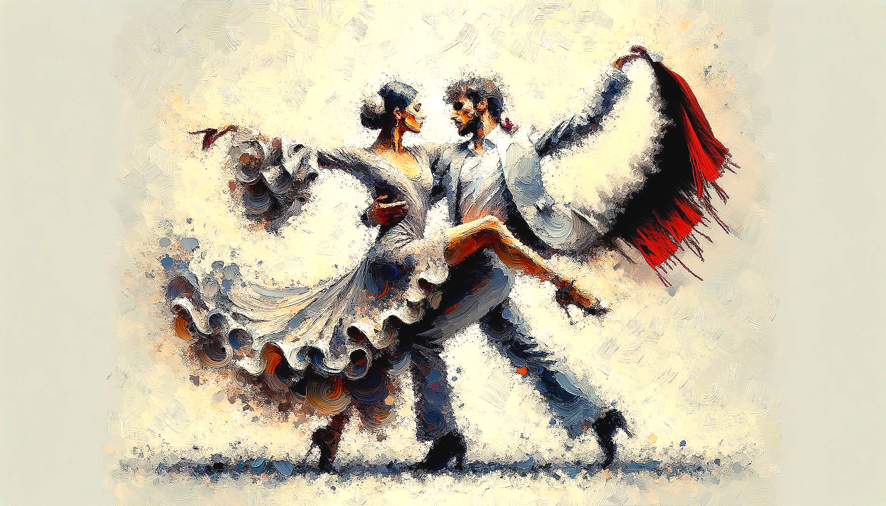 Couple Dancing in Elegant Attire with Impressionistic Background