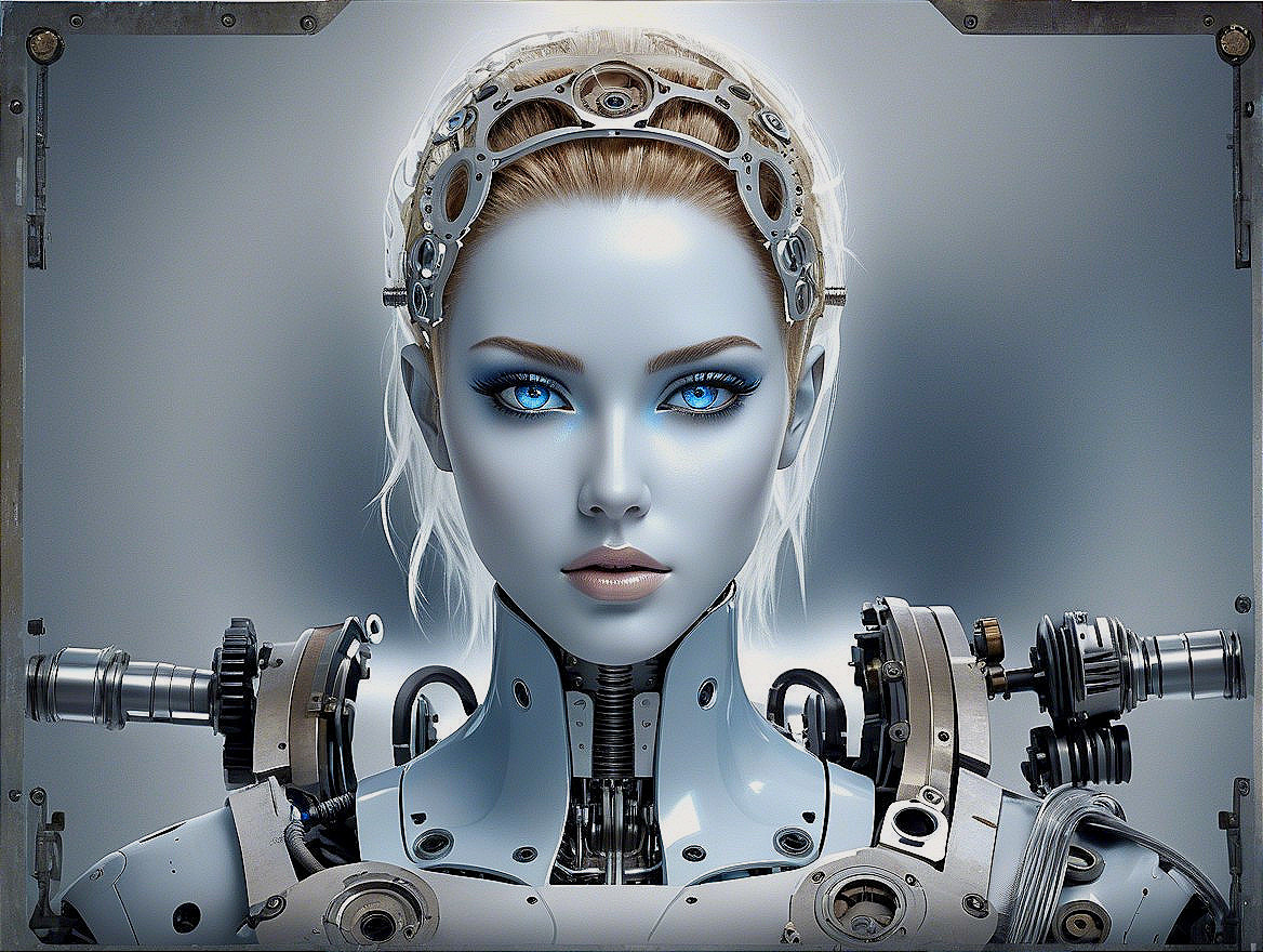 Futuristic Android with Blue Eyes and Mechanical Design