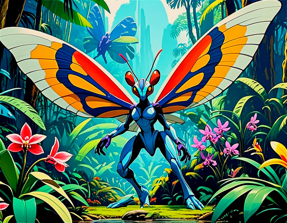 Anthropomorphic butterfly character in jungle setting