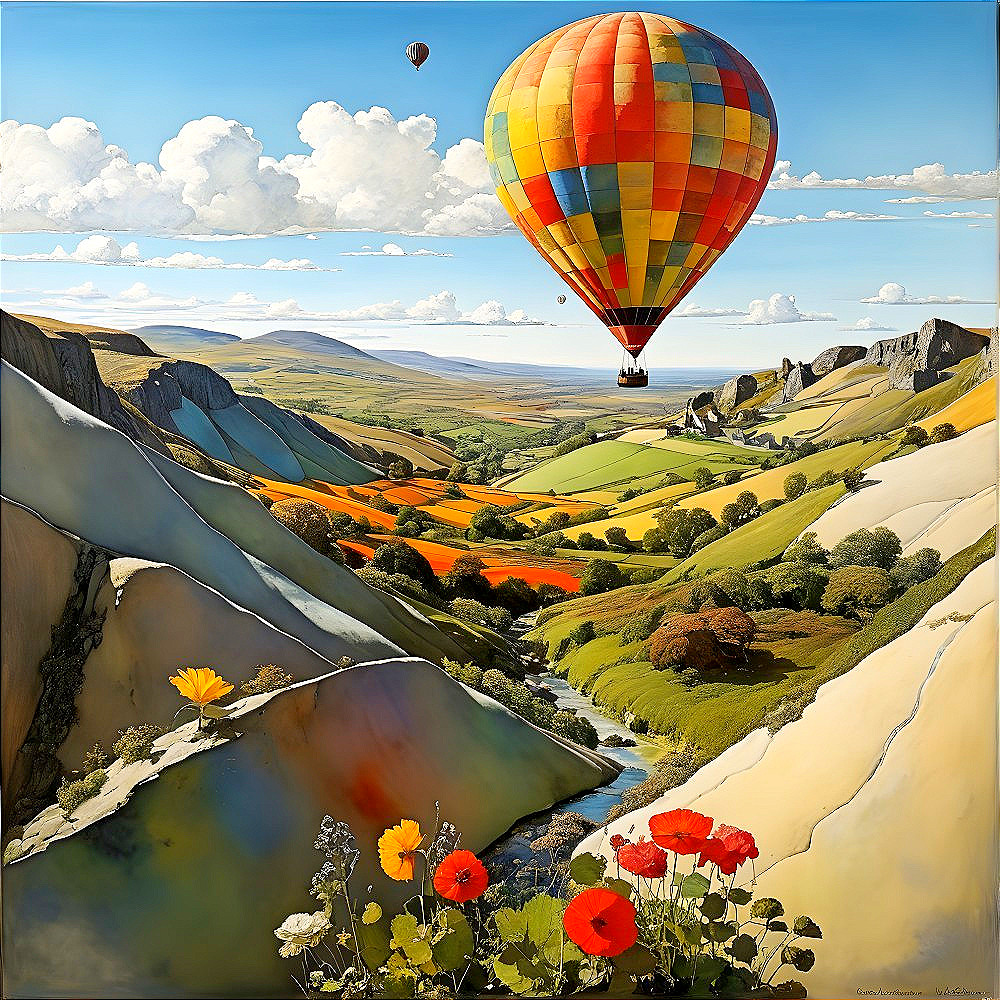 Vibrant Landscape with Hills, Flowers, and Hot Air Balloon