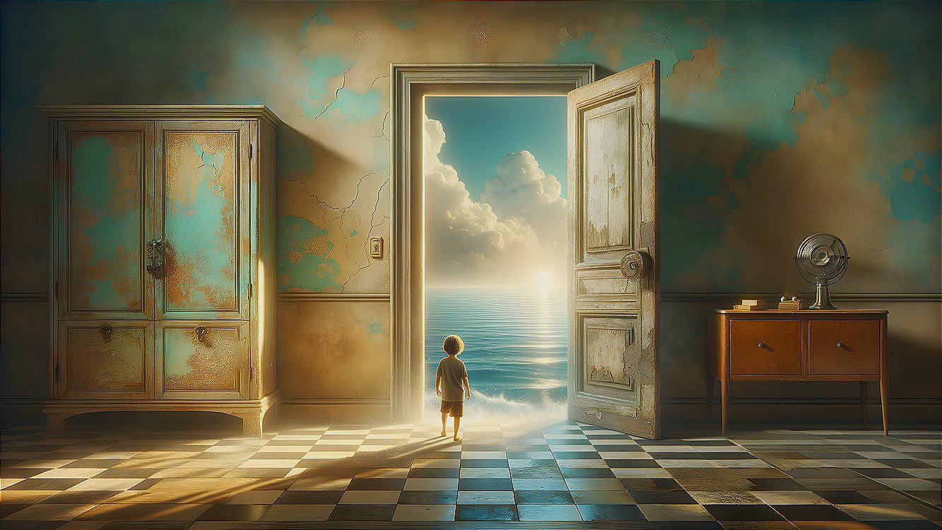 Child at Open Door Overlooking Serene Sea and Room