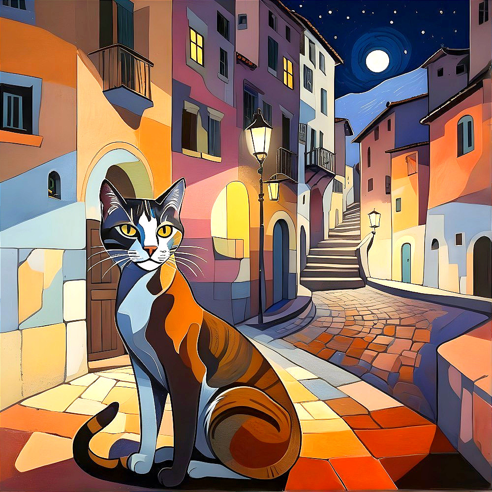 Stylized Cat in Vibrant Moonlit Alley Scene