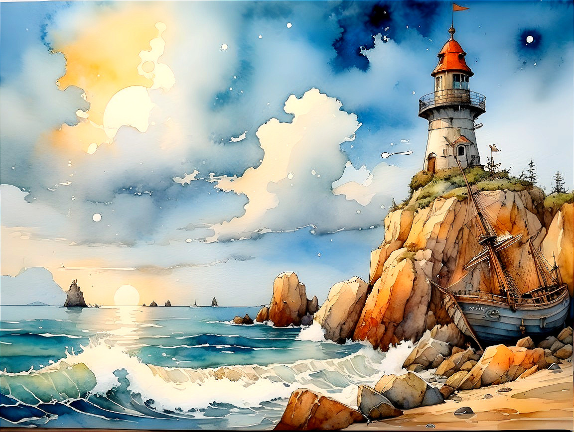 Coastal Scene with Lighthouse and Ocean View