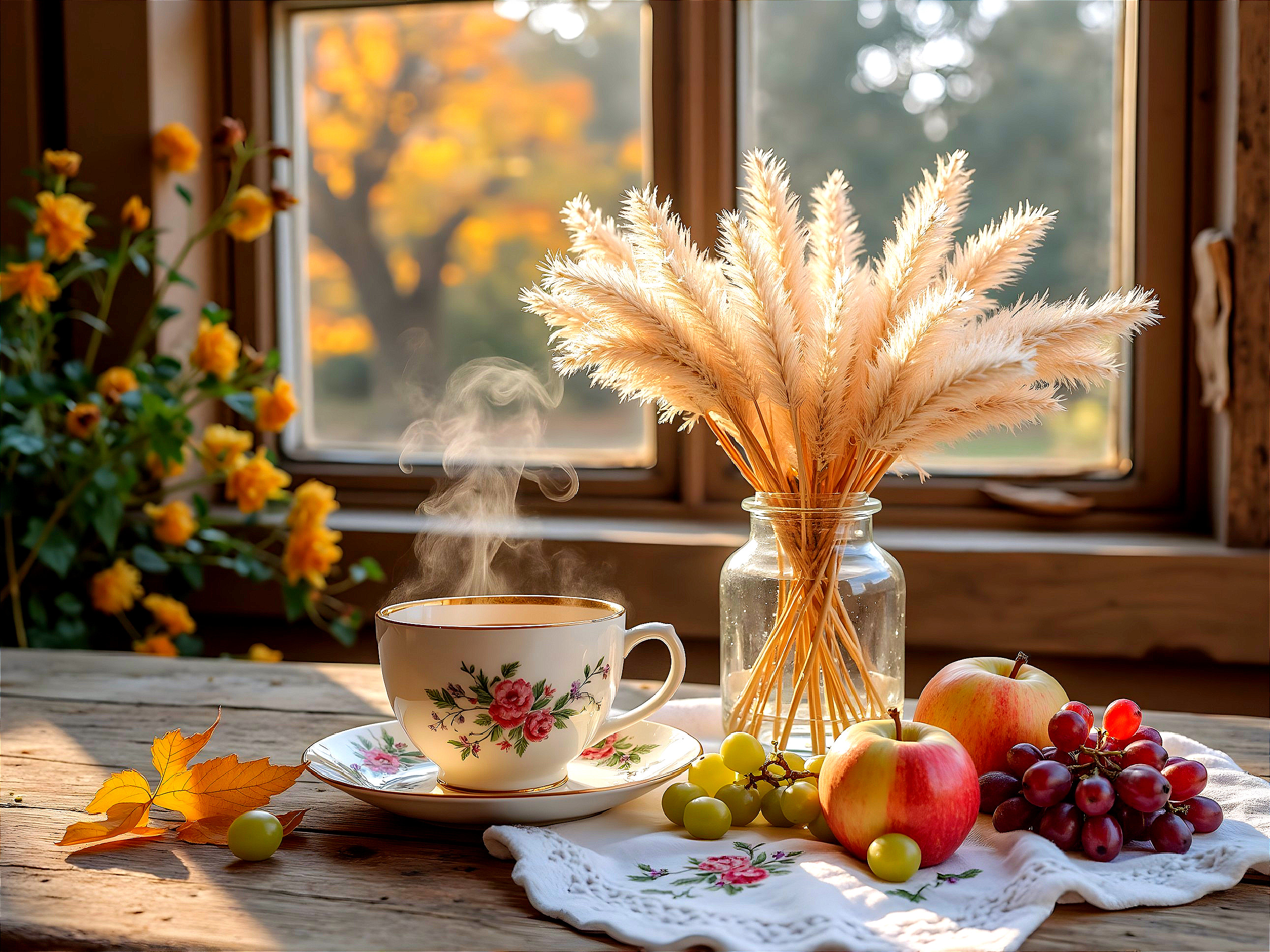 Cozy Tea Setting with Floral Teacup and Fresh Fruit