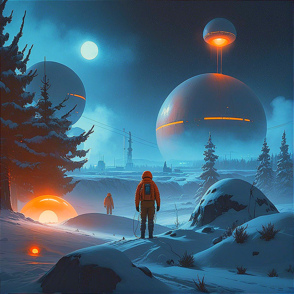 Surreal Winter Landscape with Astronaut and Glowing Orbs