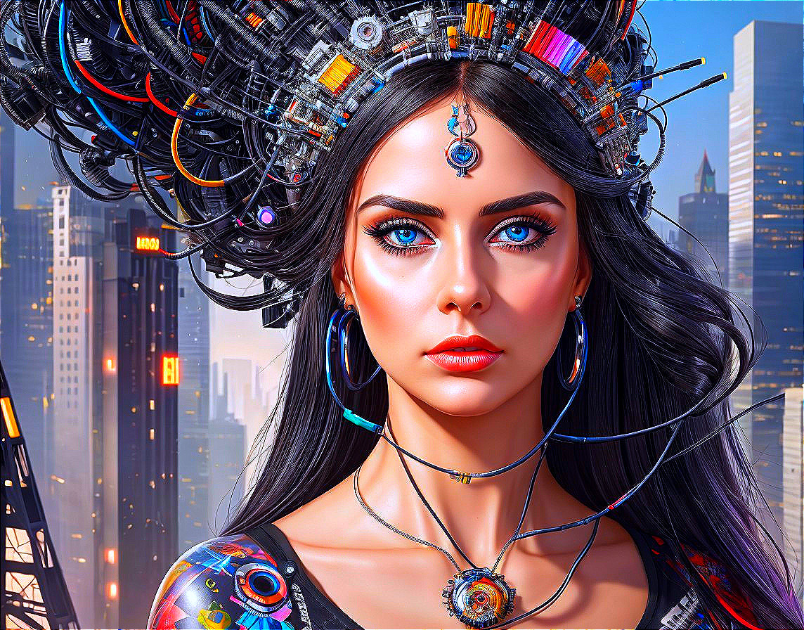 Futuristic digital artwork of woman with cybernetic headdress and cityscape