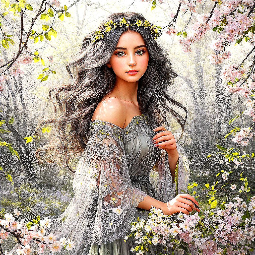 Flower Crowned Beauty in Blossom Forest