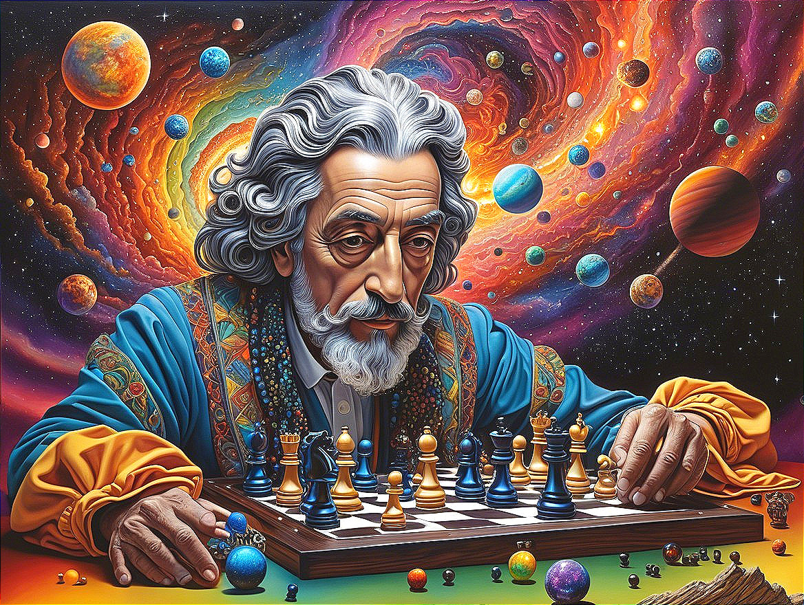Elderly Man Contemplating Chess in Cosmic Setting