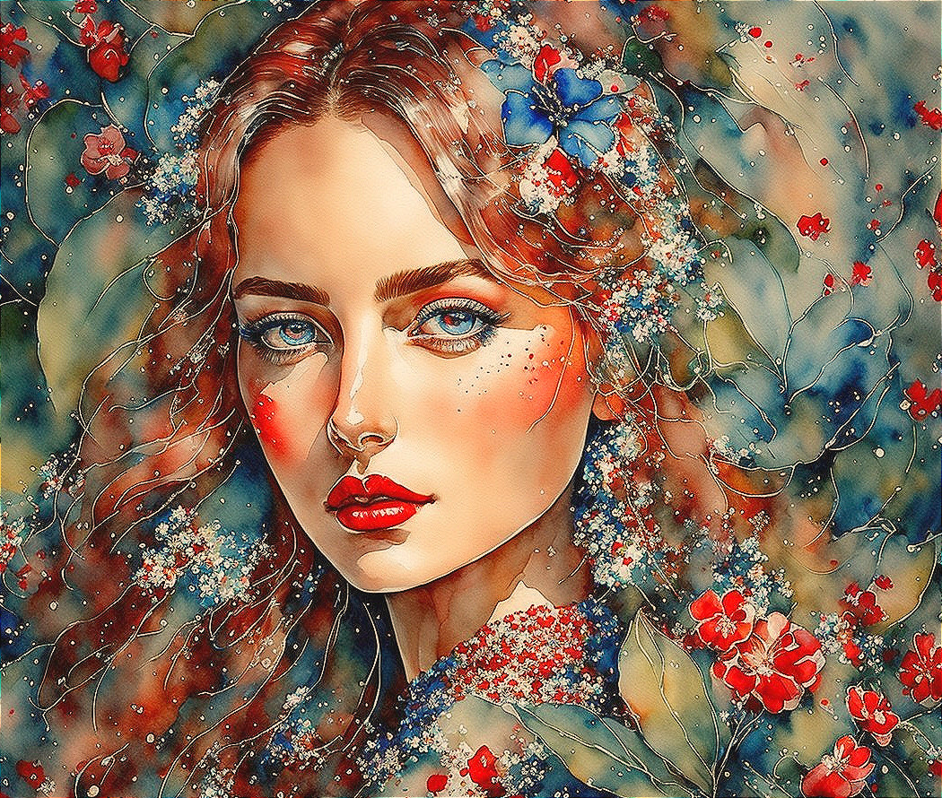 Colorful Stylized Portrait of Woman with Flowing Hair and Flowers