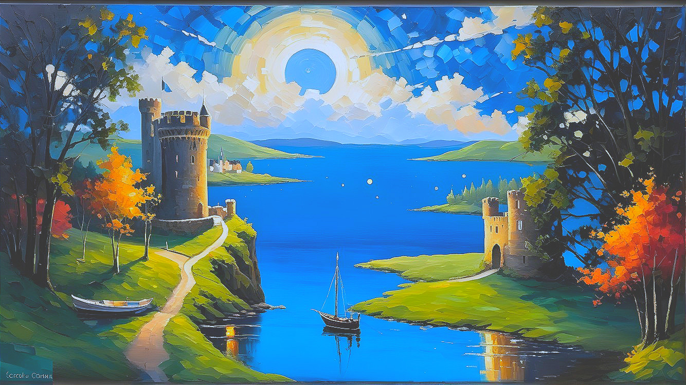 Vibrant landscape with serene lake and rolling hills