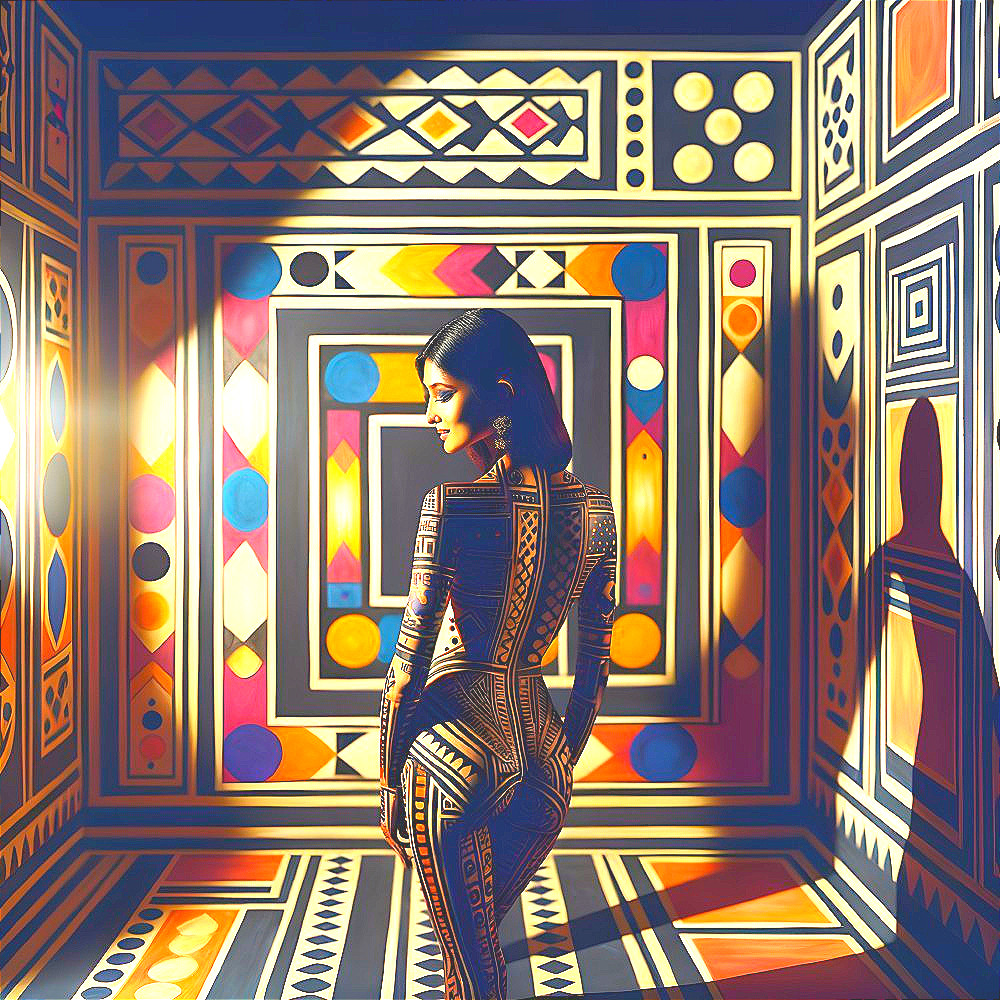Woman Posed Against Colorful Geometric Wall Design