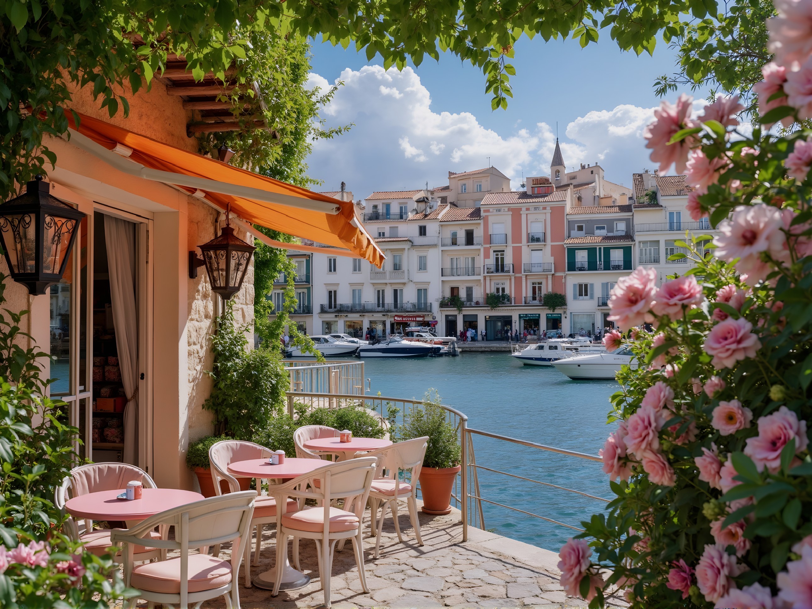 Waterfront Café with Pastel Décor and Scenic Views