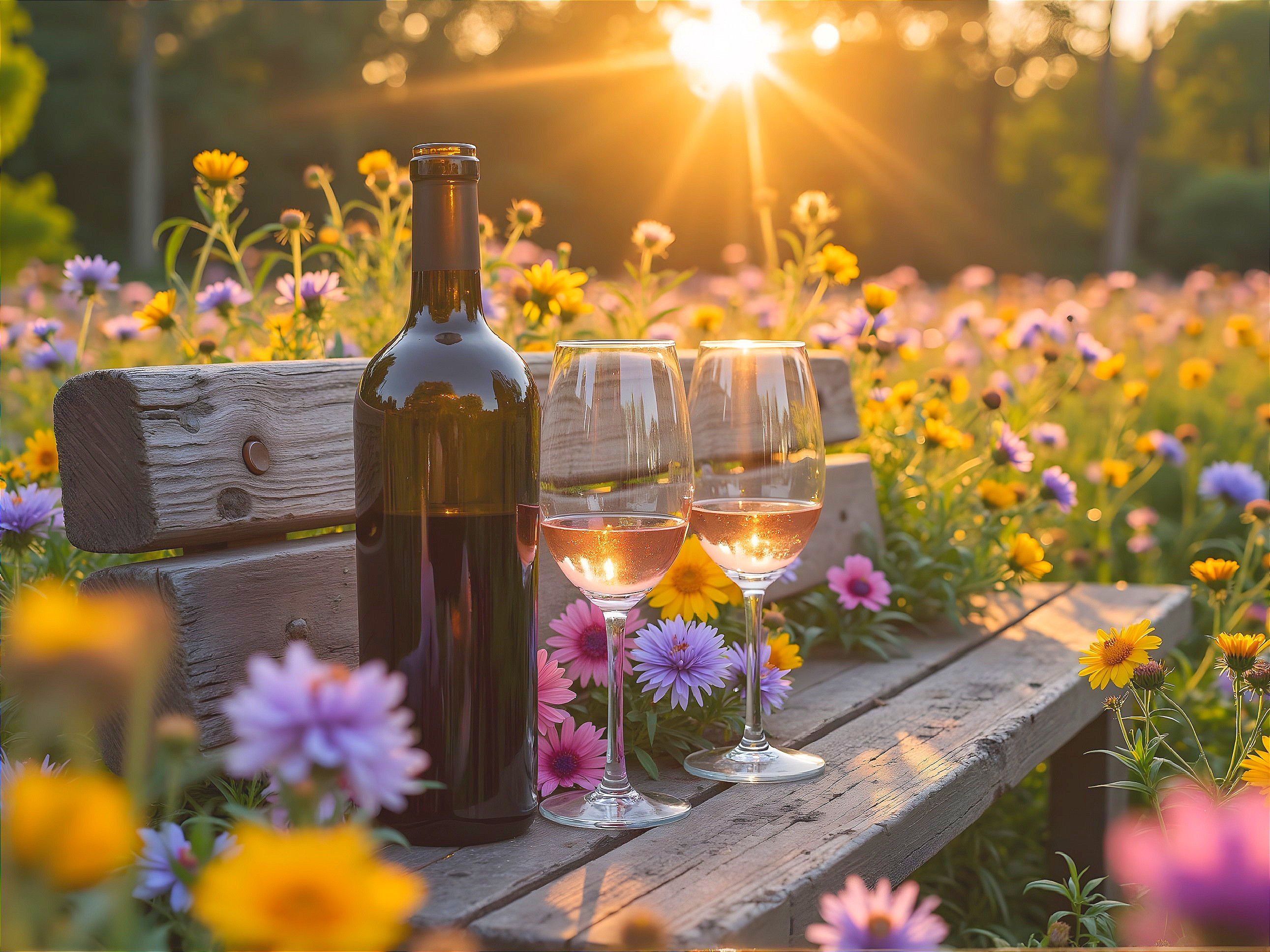 Wine and Glasses on Bench in Flower Field at Sunset