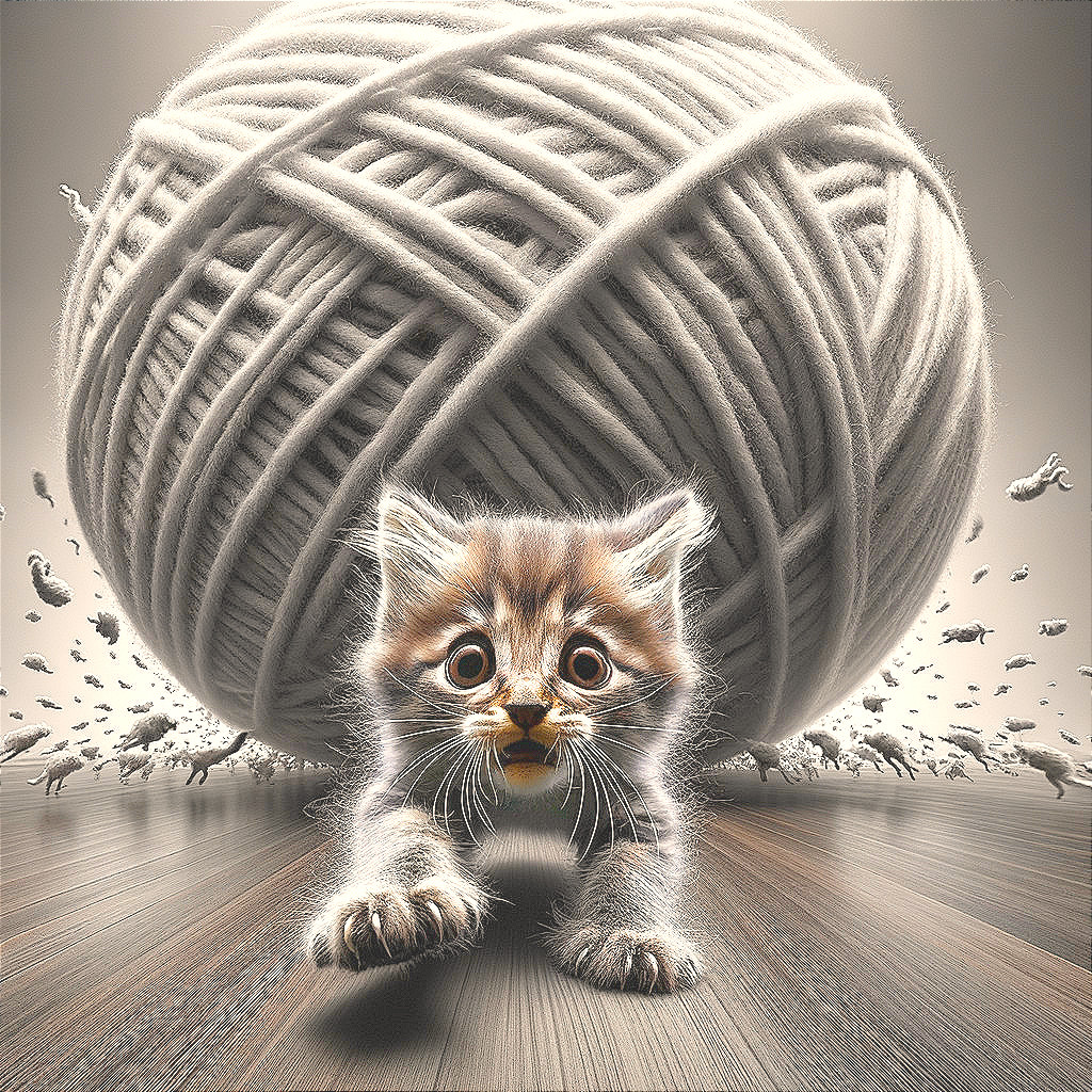 Playful Kitten Surprised by Large Ball of Yarn