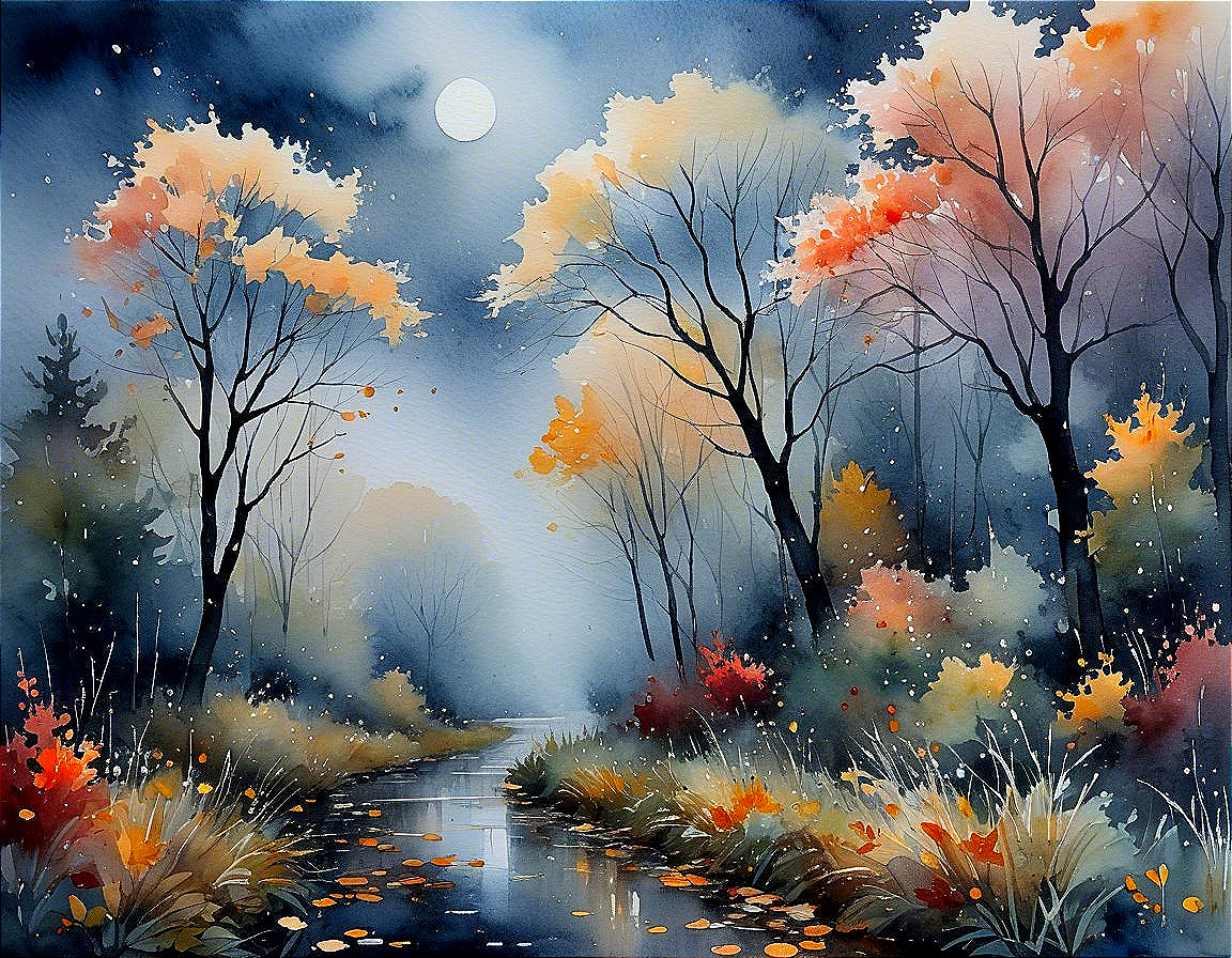 Tranquil River Landscape with Autumn Colors and Moonlight